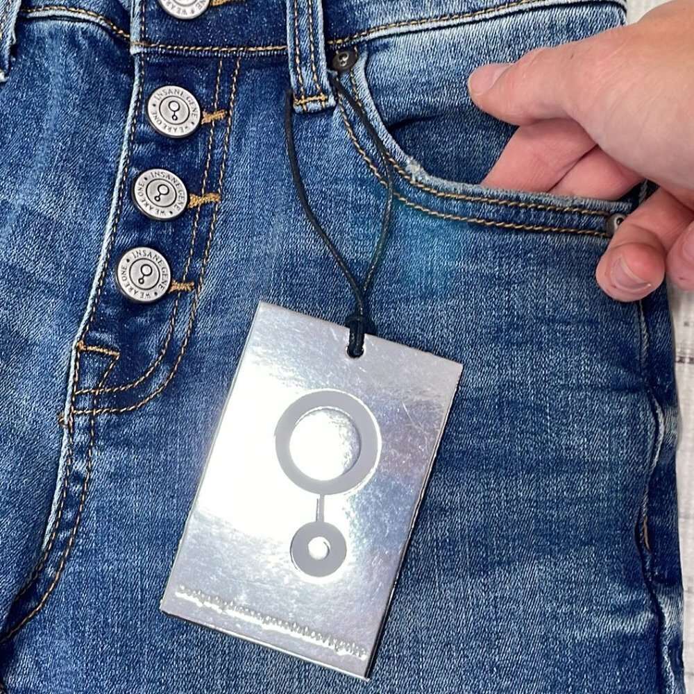 Insane Gene NWT Jeans Mid-Rise Skinny Dark Blue Denim Exposed Buttons Size 0 W23 - Picture 6 of 13
